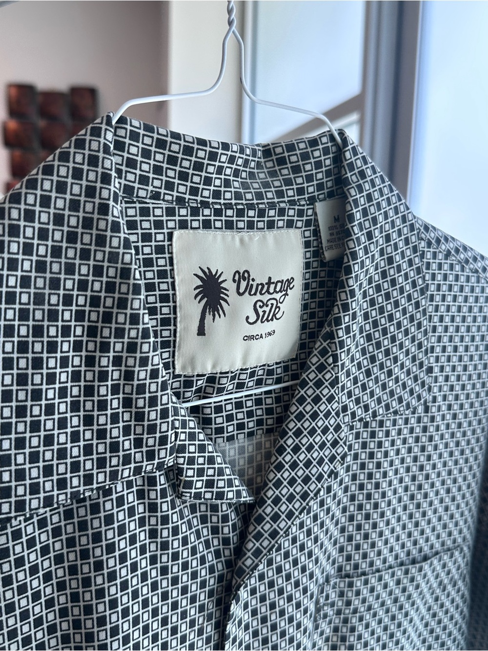 Vintage Silk Black and White Square-Print Button-Down Shirt